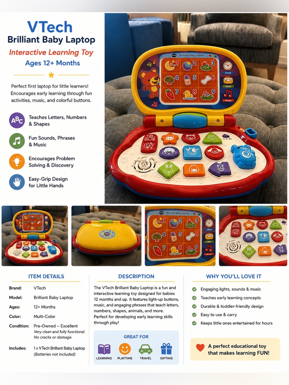 VTech Bright Learning Laptop for Kids - Yellow/Red/Blue